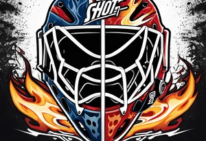 a puck hitting a goalie mask with crossed hockey sticks and flames that says "SHOT HOCKEY" tattoo idea