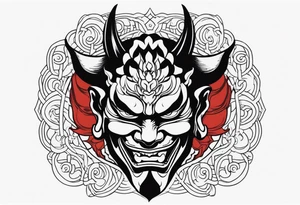 Um homem com a cabeça raspada usando uma máscara de hannya tattoo idea