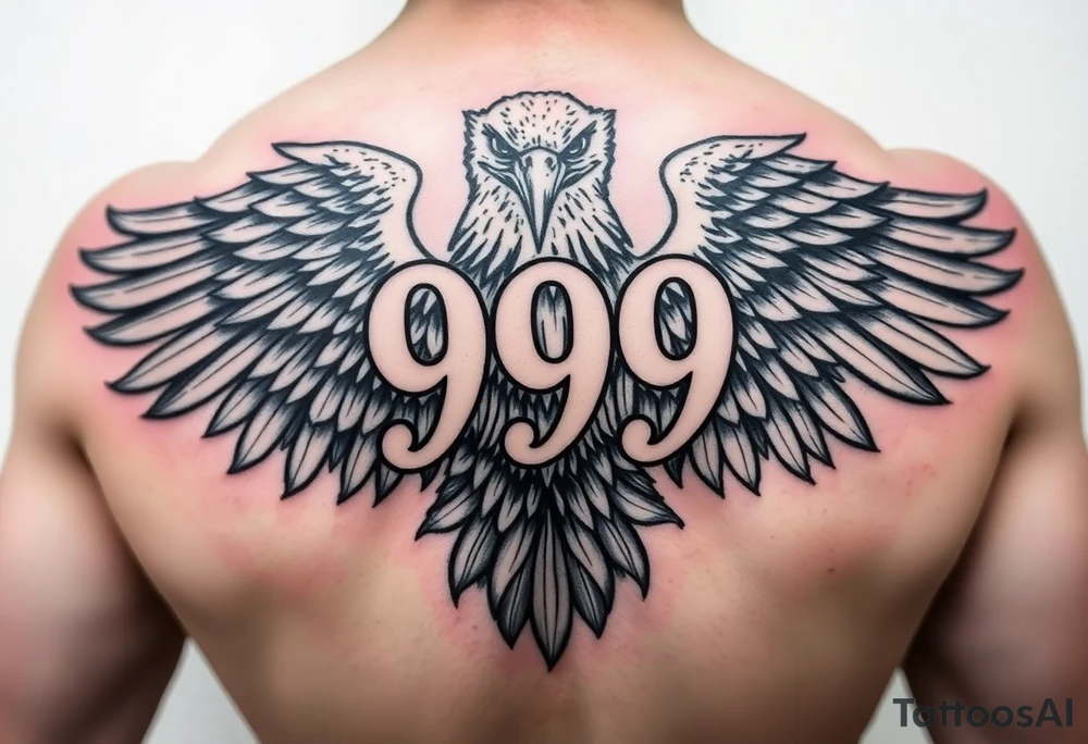 The number 999 in the middle with a majestic eagle around it tattoo idea