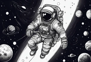 An astronaut floating in space with planets around him tattoo idea