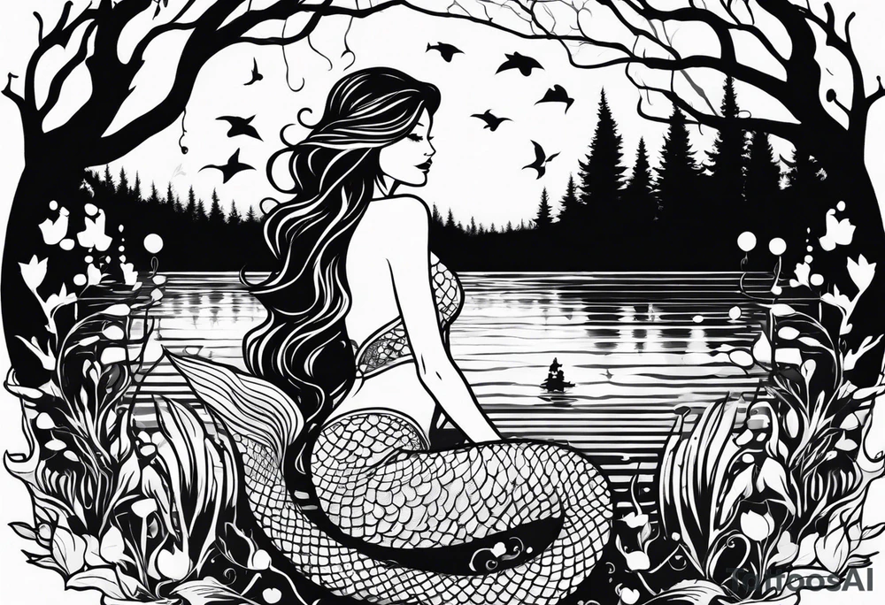 Mermaid silhouette in a swamp with trees and music. tattoo idea