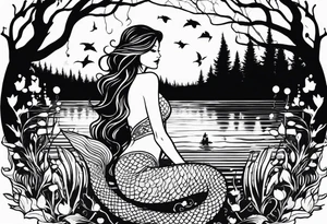 Mermaid silhouette in a swamp with trees and music. tattoo idea