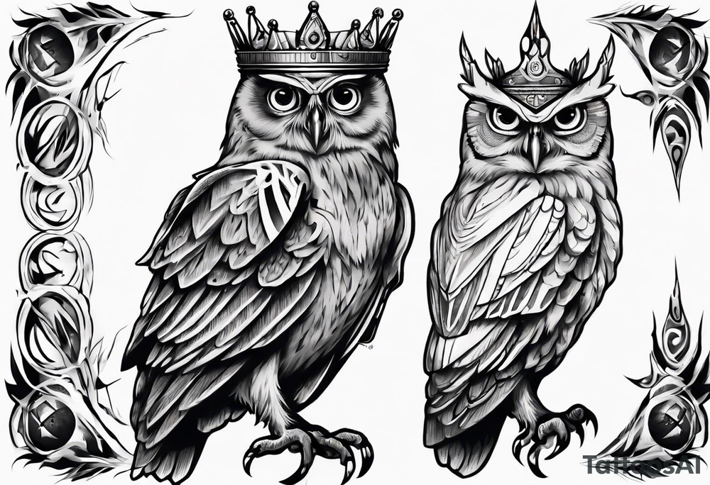 Wise Crowned Owl looking away. tattoo idea