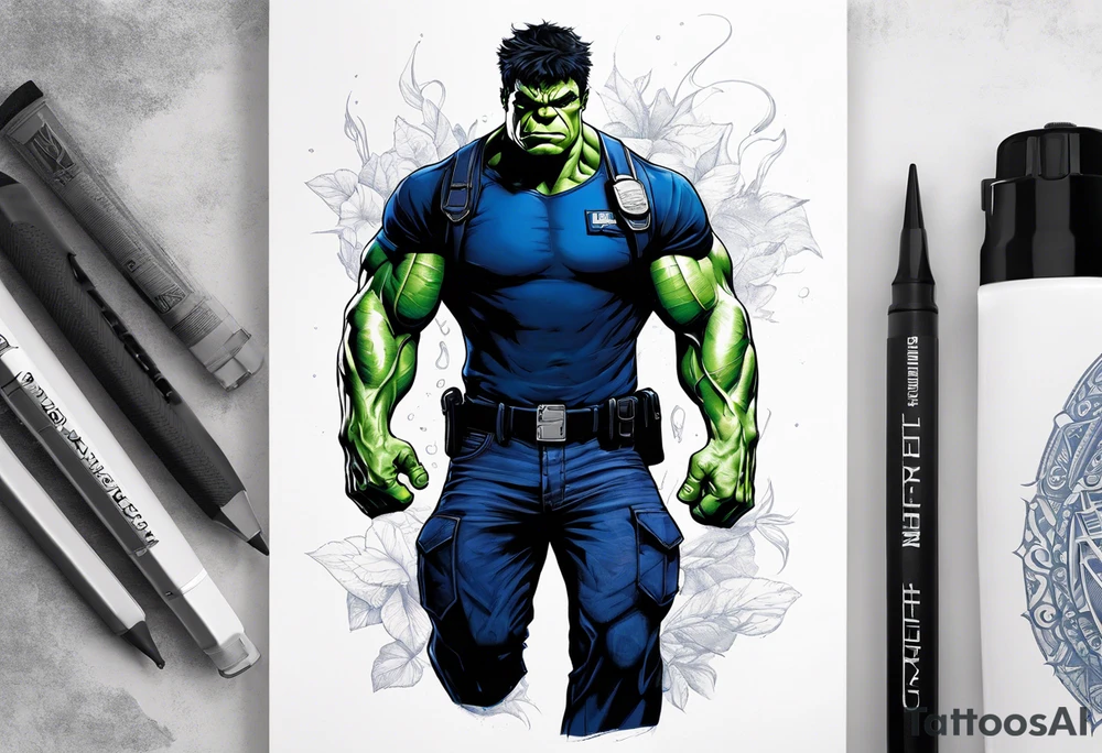 The hulk, wearing a dark blue police shirt and pants. The shirt and pants tattered at the arms and knees. Hulk is visible from head to toe tattoo idea