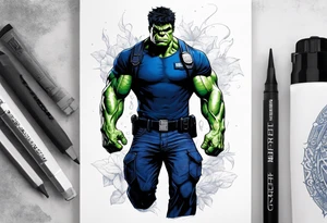 The hulk, wearing a dark blue police shirt and pants. The shirt and pants tattered at the arms and knees. Hulk is visible from head to toe tattoo idea