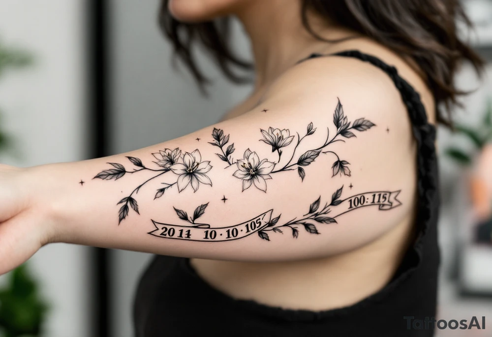 narcissus flowers and holly. starts and ends with a banner with roman numerals across tattoo idea
