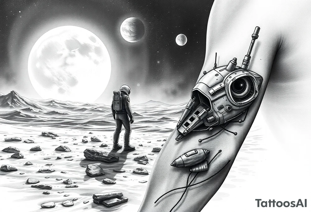 Full sleeve tattoo design for the right forearm, in realistic black and grey style.
The scene shows a lonely astronaut standing on the surface of an unknown planet, similar to the Moon’s landscape.
In front of him stretches a vast, mysterious universe filled with glowing planets, stars, and cosmic nebula light.
A few meters beside him lies a crashed and smoking spaceship, broken and damaged, showing clear signs of impact.
The image represents loneliness and survival — the moment when the astronaut realizes he is completely alone in an unfamiliar world.
The atmosphere should feel melancholic, cinematic, and deeply emotional, combining realism with fantasy.
Fine shading, detailed textures, and strong light-shadow contrast, designed to wrap naturally around the right forearm. tattoo idea