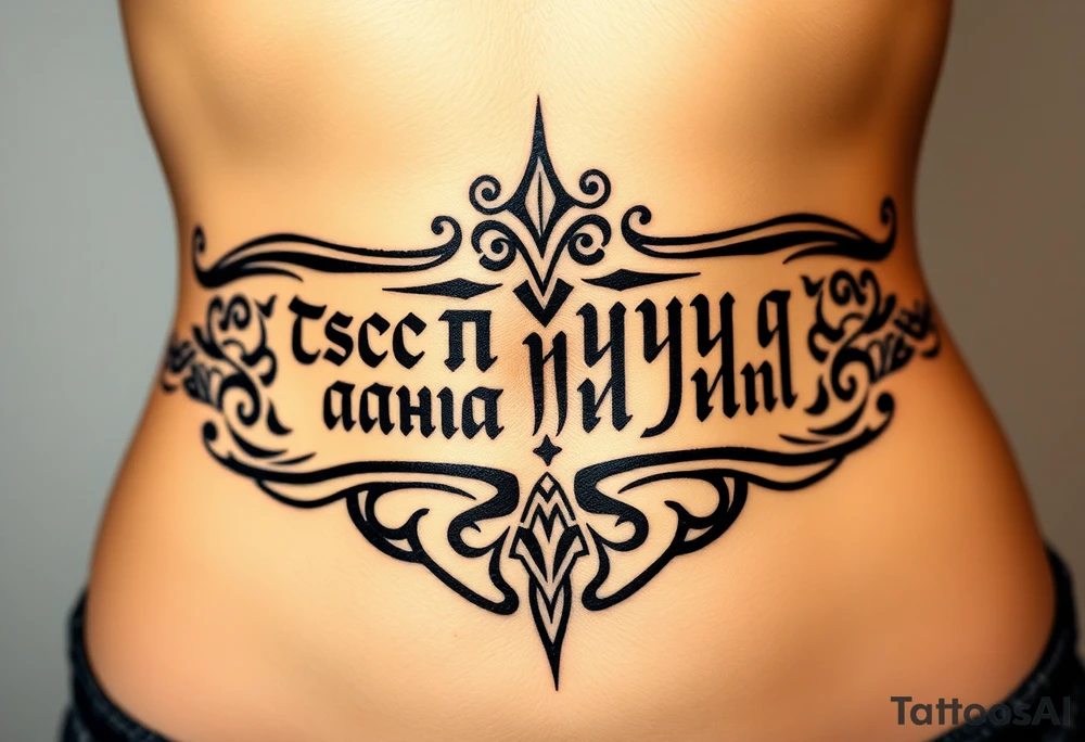 Inscription in Russian in Chthonic style
"Всё хуйня давай по новой" tattoo idea