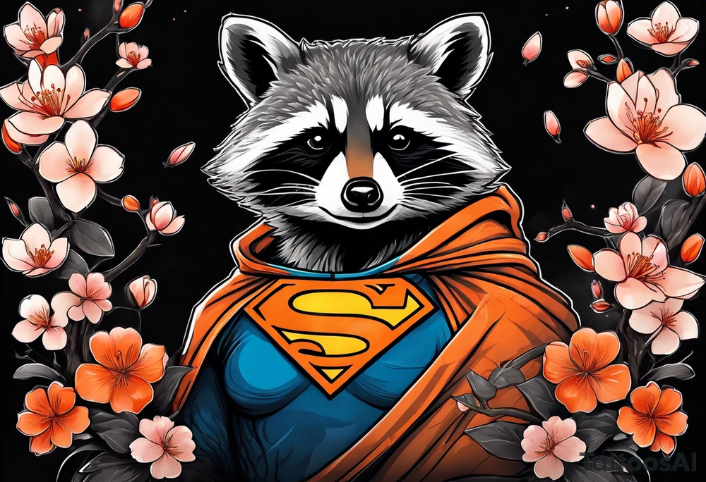 Raccoon wearing a white Superman logo on a black hoodie and orange Japanese cherry blossoms beside tattoo idea