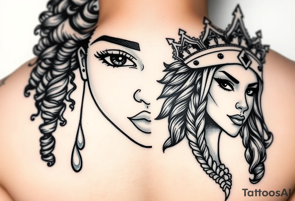 A beautiful woman with beautiful curly hair, and a teardrop falling from her eyes, African American- other 1/2 a beautiful warrior women with a crown and a smirk on her face. Embodying 1/2 faced one soft and gentle-one strong and mighty tattoo idea
