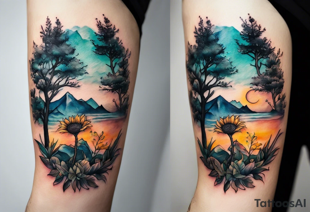 Small inside arm tattoo. Black kite (Daya's name), nature (trees/sea), small sunflower. Soft colours tattoo idea