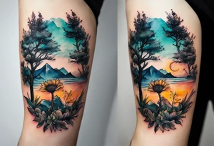 Small inside arm tattoo. Black kite (Daya's name), nature (trees/sea), small sunflower. Soft colours tattoo idea