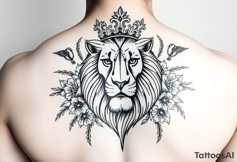 powerful majestic lion with a crown, surrounded by floral ornaments and birds tattoo idea