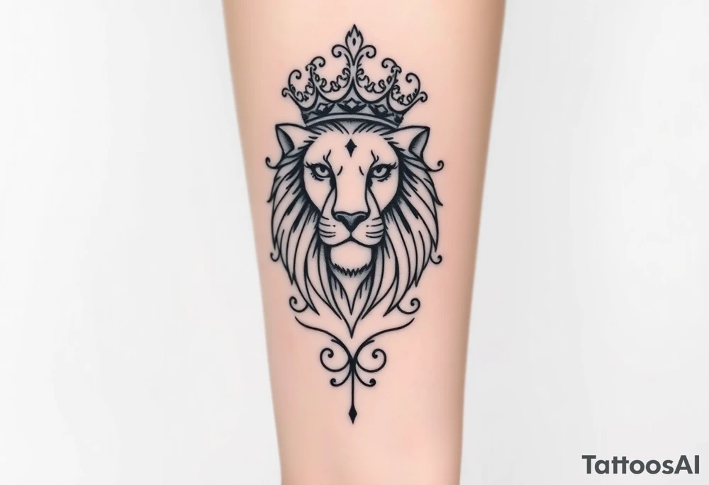 majestic lion wearing ornate crown, surrounded by baroque flourishes tattoo idea