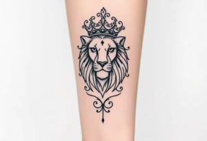 majestic lion wearing ornate crown, surrounded by baroque flourishes tattoo idea