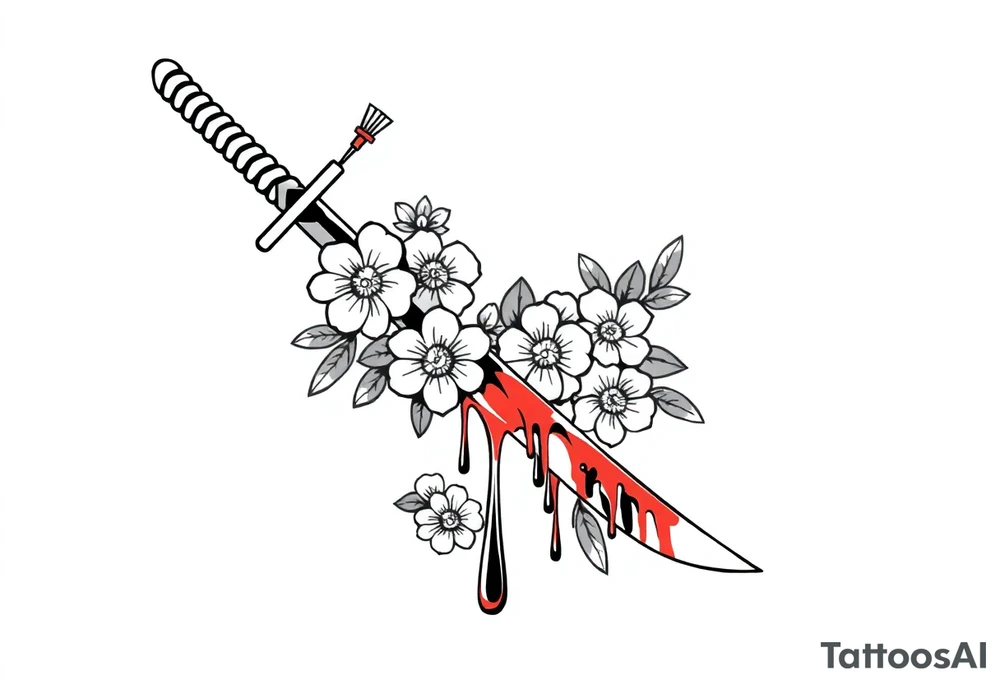 Katana with flowers and blood on the blade tattoo idea