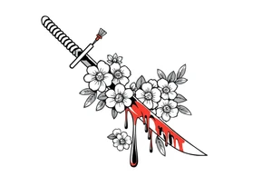 Katana with flowers and blood on the blade tattoo idea