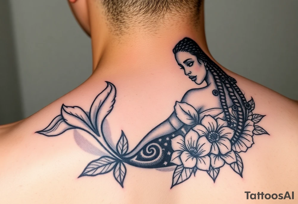 Mermaid, black woman, garden, and flowers, libra, hairstyle of loc tattoo idea