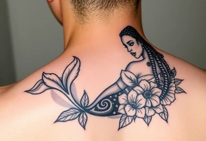 Mermaid, black woman, garden, and flowers, libra, hairstyle of loc tattoo idea