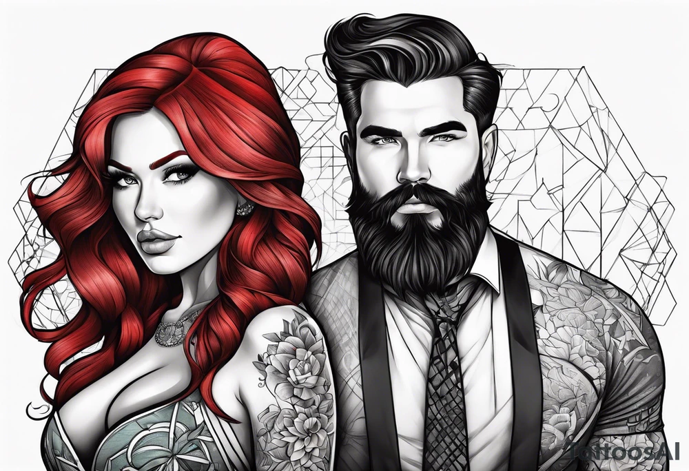 Busty Red haired woman with black haired bearded man tattoo idea