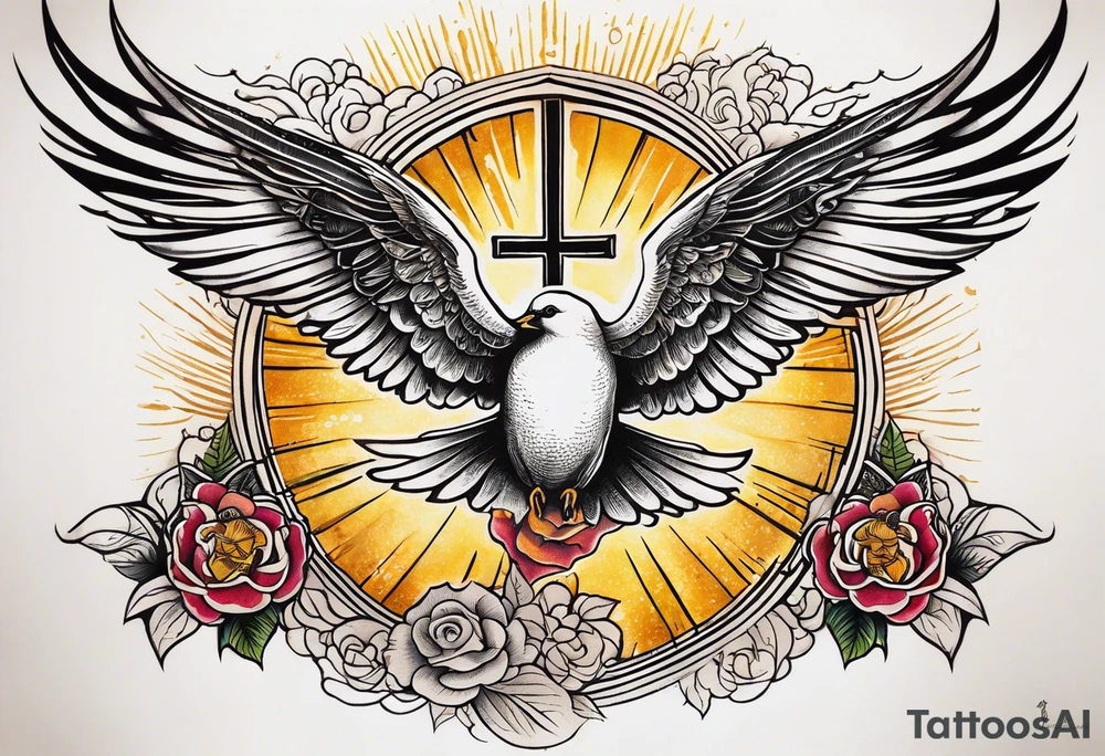 Forearm tattoo cross with rays of sun and doves flying with a Bible verse Jeremiah 29:11 tattoo idea