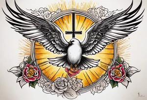 Forearm tattoo cross with rays of sun and doves flying with a Bible verse Jeremiah 29:11 tattoo idea