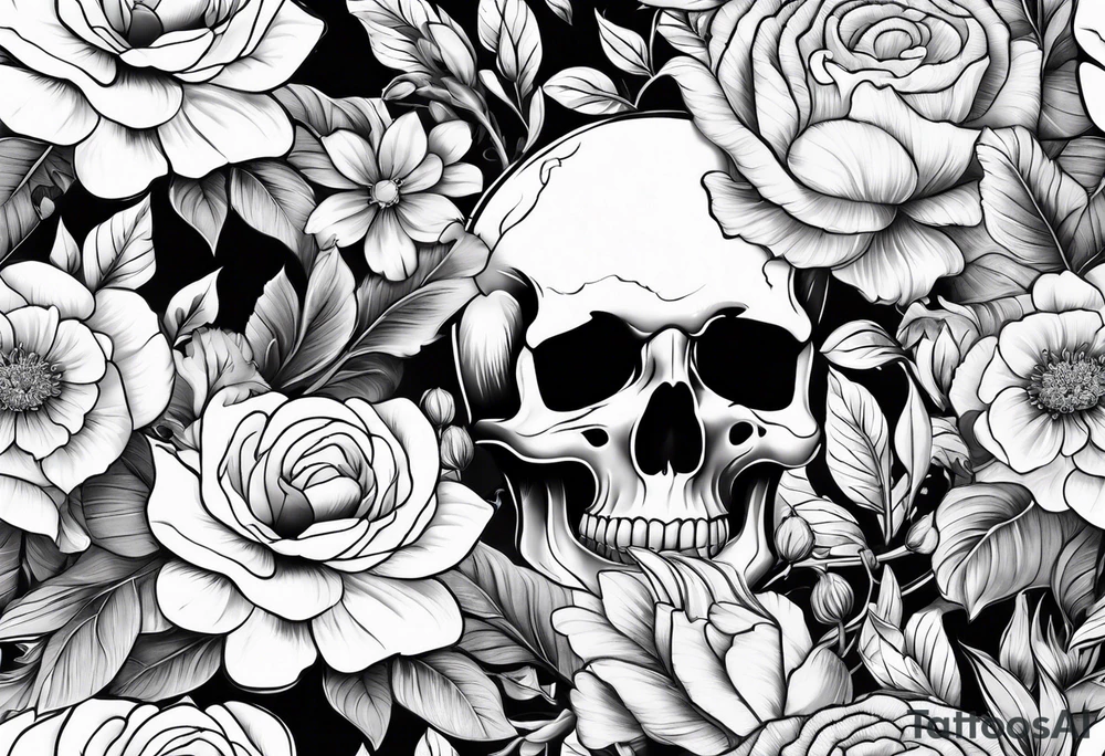 Floral sleeve with skulls tattoo idea