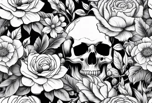 Floral sleeve with skulls tattoo idea