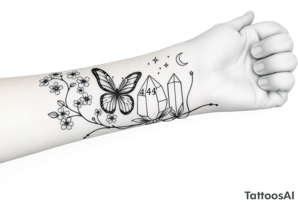 Placement: Forearm half sleeve, with forget-me-not wrapped around, with 3 butterflies placed around it. The word ‘siempre’ along the inside of the wrist around the radial pulse area. On the palm side of the wrist, there is 444 and a fine line moon and star. On the inner forearm, there are two crystals tied together with rope, with some stars dotted around it and two fine line leaf stems, and a moon above it. All tattoos in black ink. tattoo idea