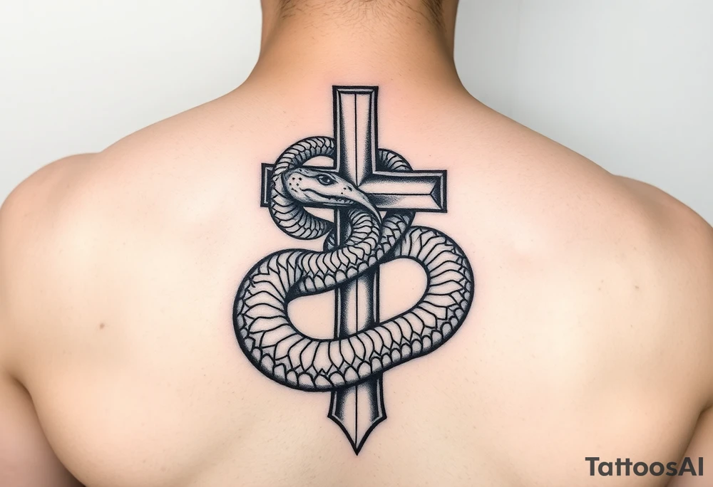 black and white drawing of a cross and a snake wrapped around it, leviathan cross, engulfed by a snake, which forms an infinity loop. The snake is depicted with intricate scales and a menacing expression, coiling tightly around the vertical shaft of the cross. The overall composition is bold and simplistic tattoo idea