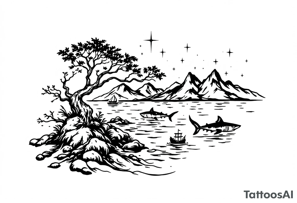 tattoo that has an acacia tree with mountains, ocean with a ship wreck with sharks and the northern star tattoo idea