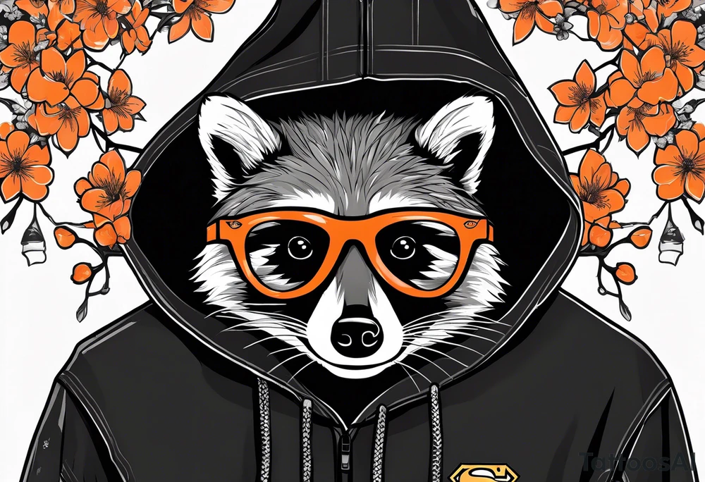 Raccoon wearing a white Superman logo on a black hoodie and orange Japanese cherry blossoms beside tattoo idea
