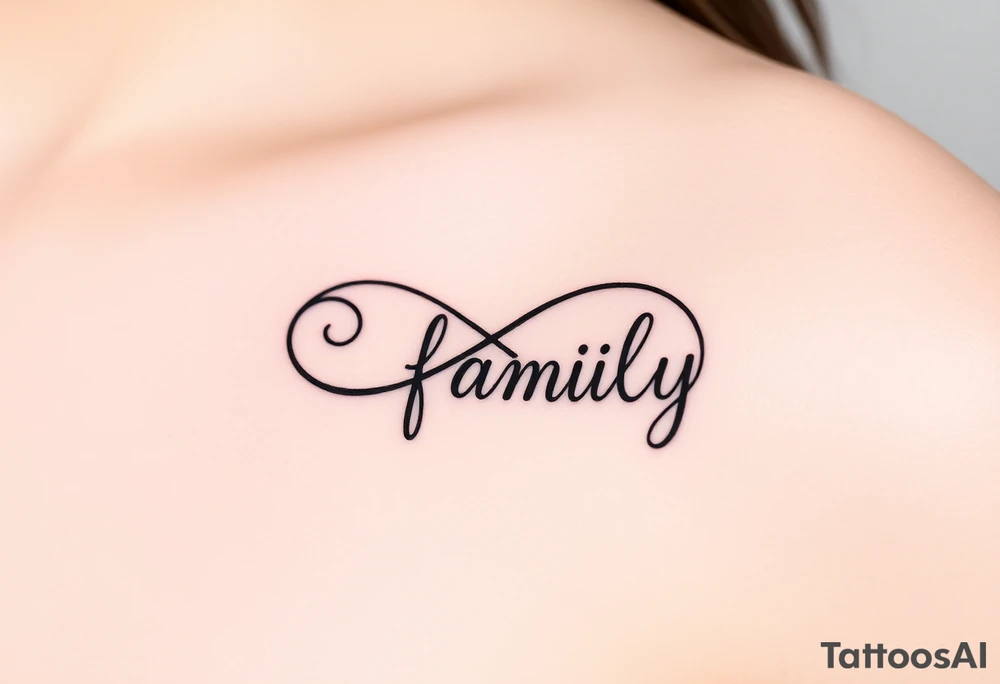 A flowing infinity symbol intertwined with the word "family" written in elegant cursive tattoo idea