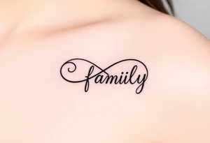 A flowing infinity symbol intertwined with the word "family" written in elegant cursive tattoo idea
