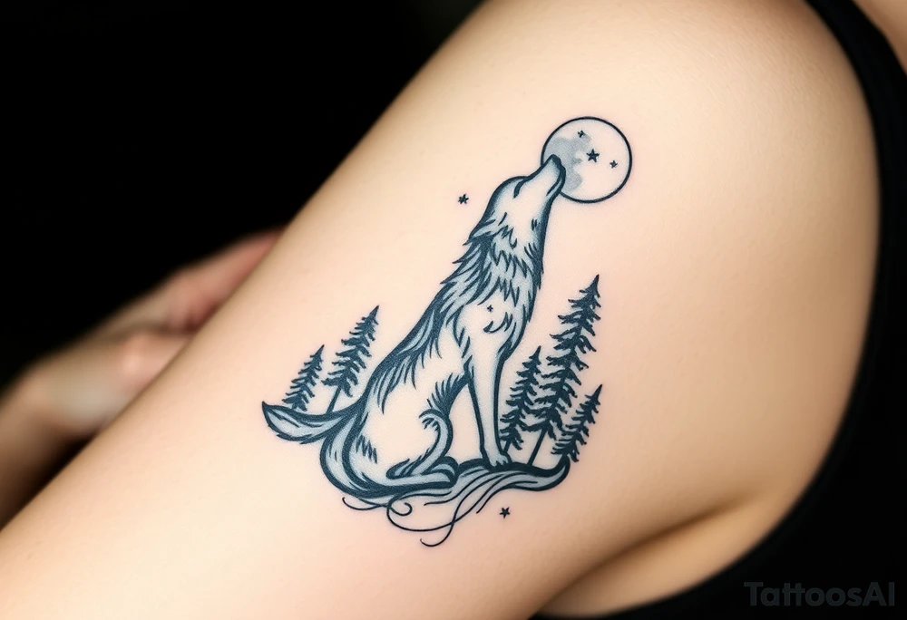 Lone wolf howling at the moon in the forest in the night Columba constellation tattoo idea