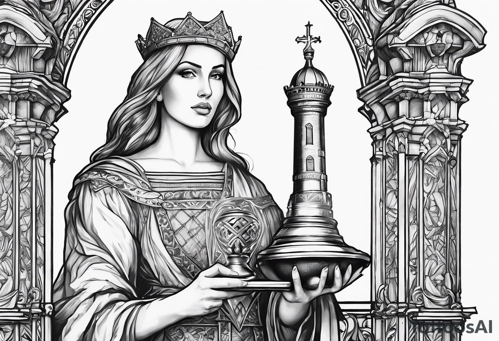 Saint Barbara holding a chalice with a tower beside her tattoo idea