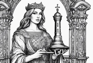 Saint Barbara holding a chalice with a tower beside her tattoo idea