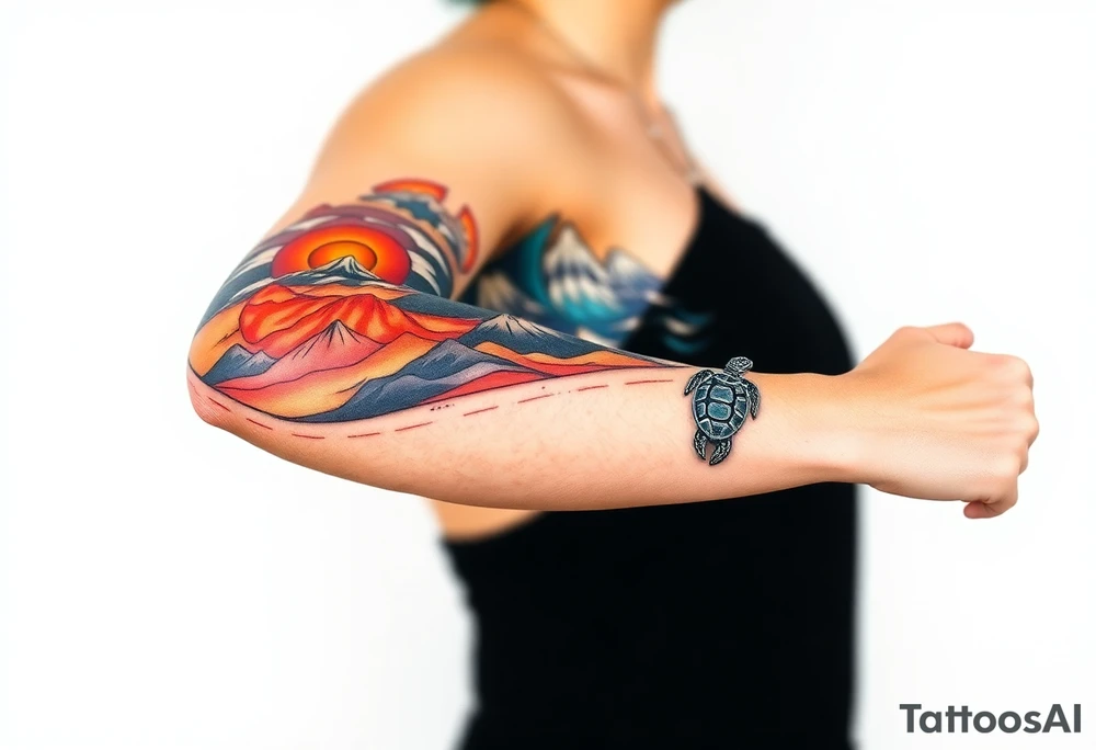 turtle sleeve with mountains, fire, water, air tattoo idea