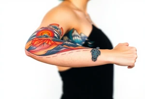 turtle sleeve with mountains, fire, water, air tattoo idea
