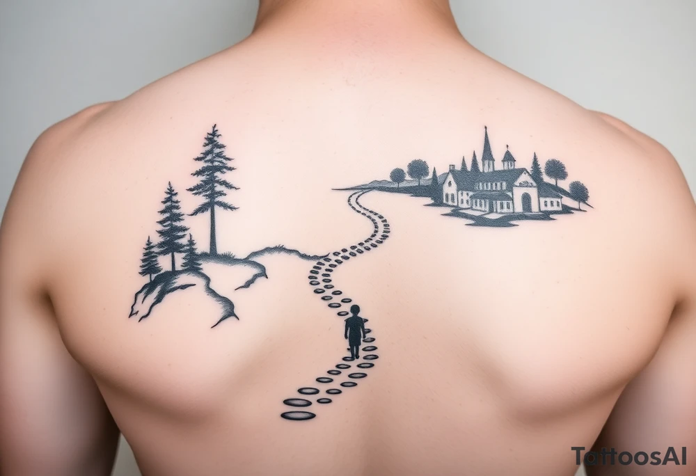 tattoo design for shoulder: path beginning in the bottom end and winding upwards. The first third starting at the bottom. On the left are a few trees and on the right side a village and a school. A child is walking the path. tattoo idea