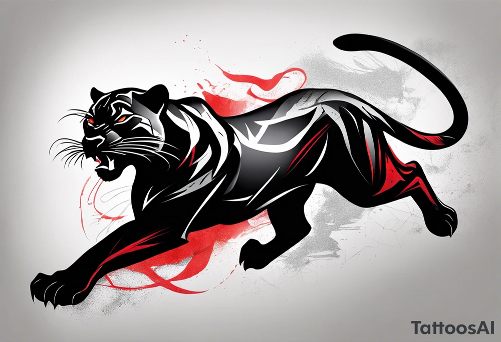 unique black panther tattoo, portrayed in a dynamic pose, showcasing its strength and grace, striking red eyes, intense and captivating elements, artistic flair, blending realism with abstract elements tattoo idea