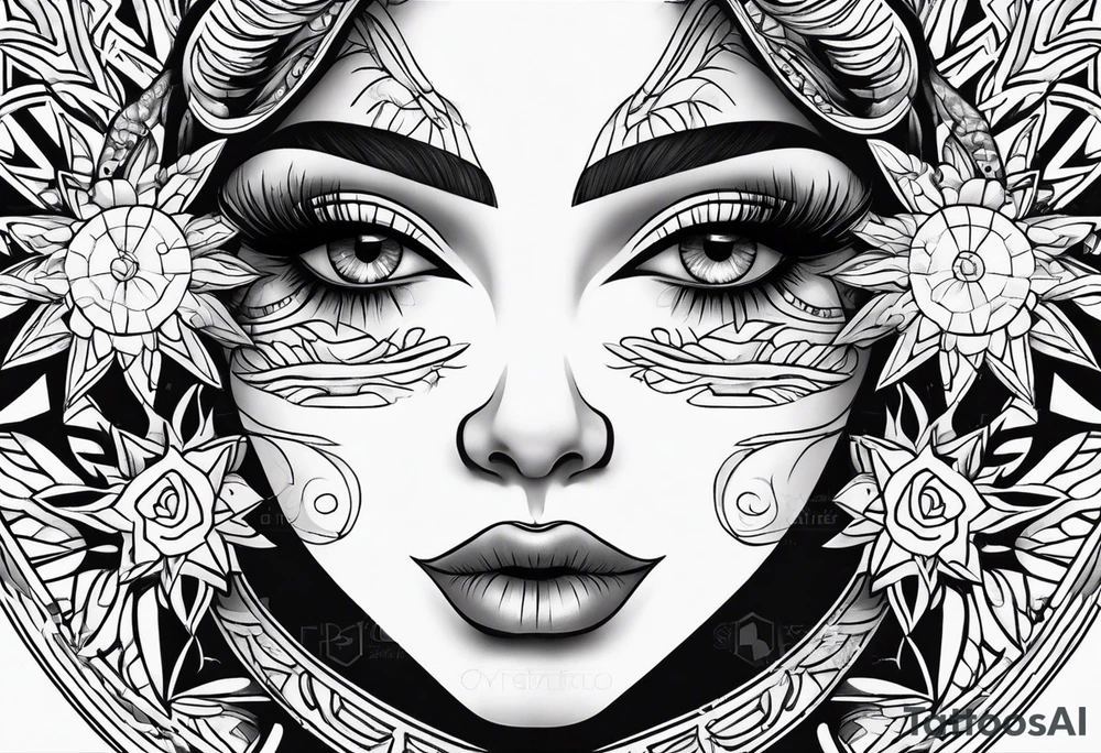 Traditional sun with feminine eyes and lips shading around edges tattoo idea