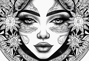 Traditional sun with feminine eyes and lips shading around edges tattoo idea