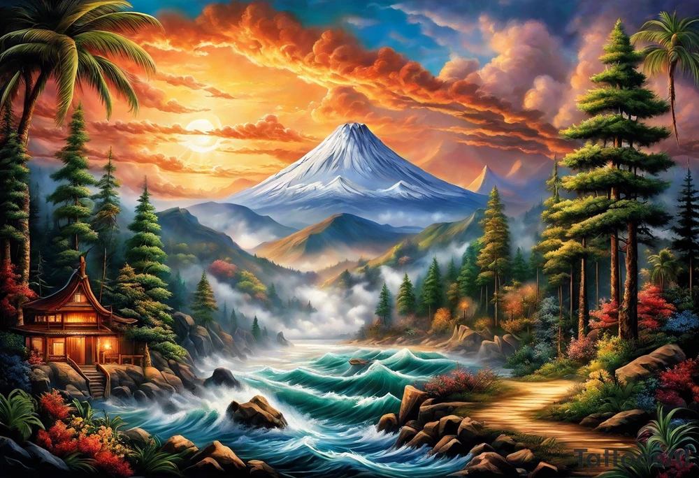 A large landscape tattoo that starts with a volcano with smoke coming out, then the mountain becomes a mountain range that has pine trees and a river, then as you move to the right, the river blends into an ocean with small waves at the beach and palm trees, then the waves turn into larger waves with clouds and the sun on top tattoo idea