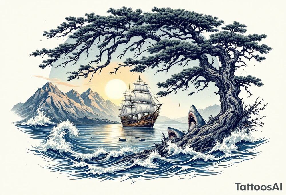 tattoo that has an acacia tree with mountains, ocean with a ship wreck with sharks and the northern star tattoo idea