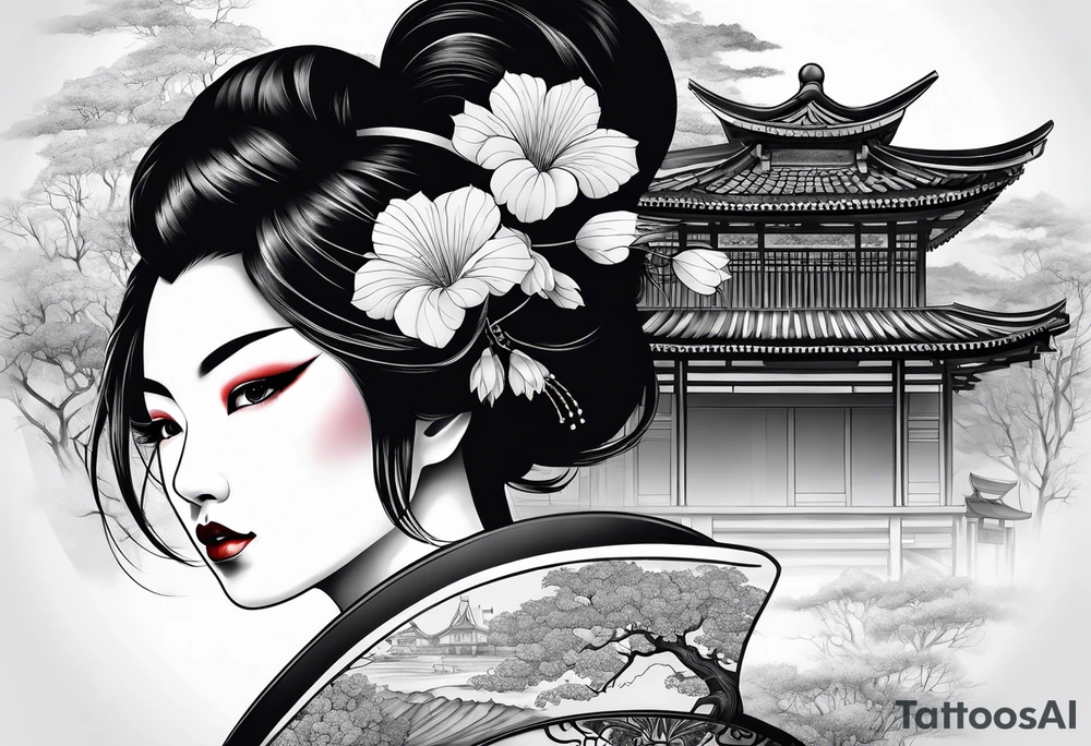 Geisha girl overlooking village of slain people tattoo idea