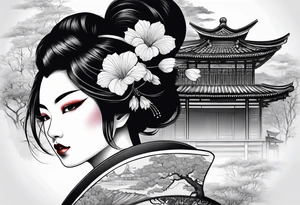 Geisha girl overlooking village of slain people tattoo idea