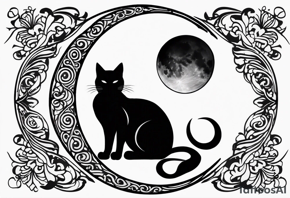 silhouette of full body black cat sitting on outline of crescent moon, simple, white background, no added details, not too busy tattoo idea