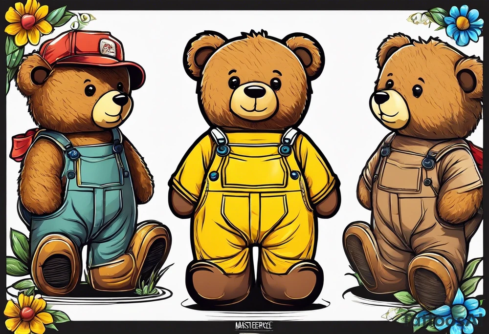 the back of a standing, skinny, brown ,
teddy bear in long, yellow overalls tattoo idea