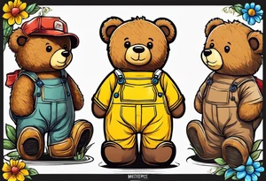 the back of a standing, skinny, brown ,
teddy bear in long, yellow overalls tattoo idea